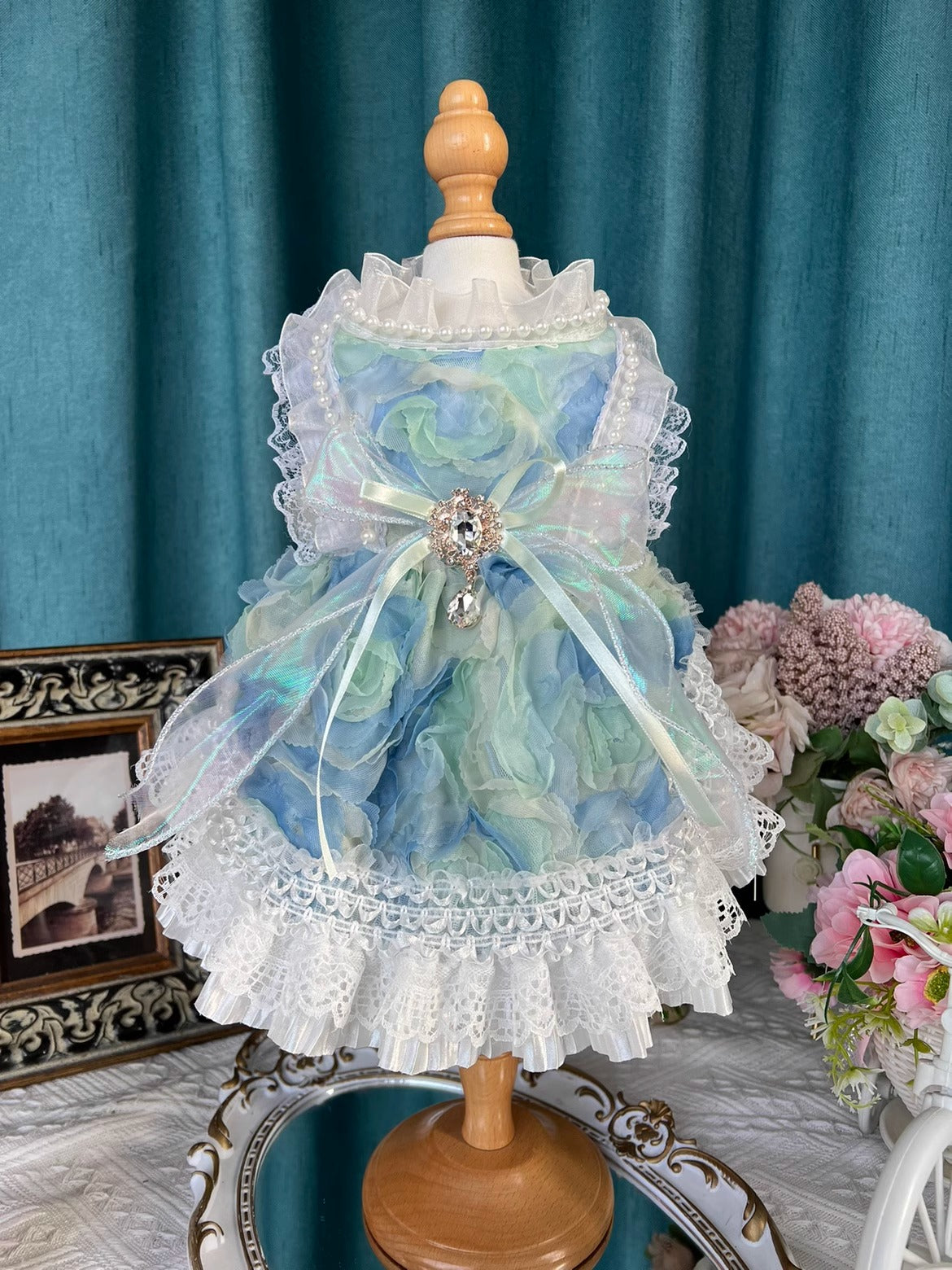 Sea Blue Ribbon Art Lolita Lacey Dress