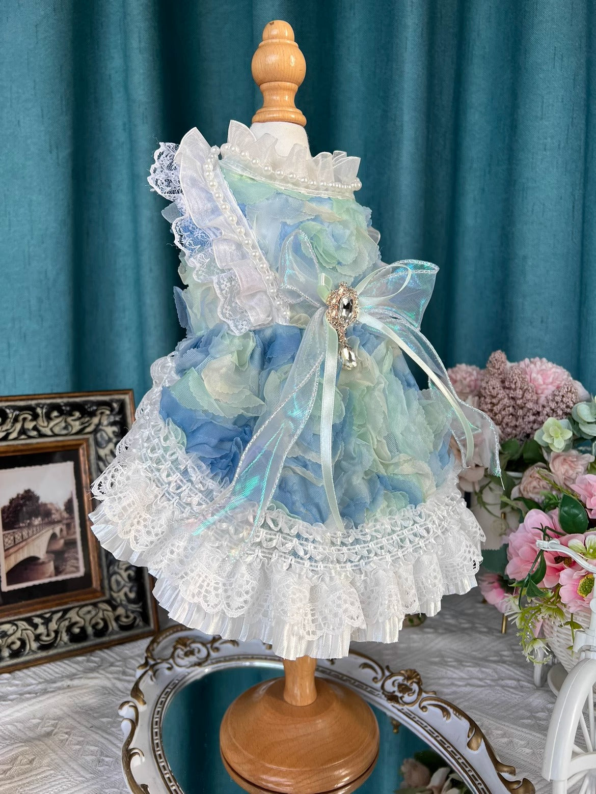 Sea Blue Ribbon Art Lolita Lacey Dress