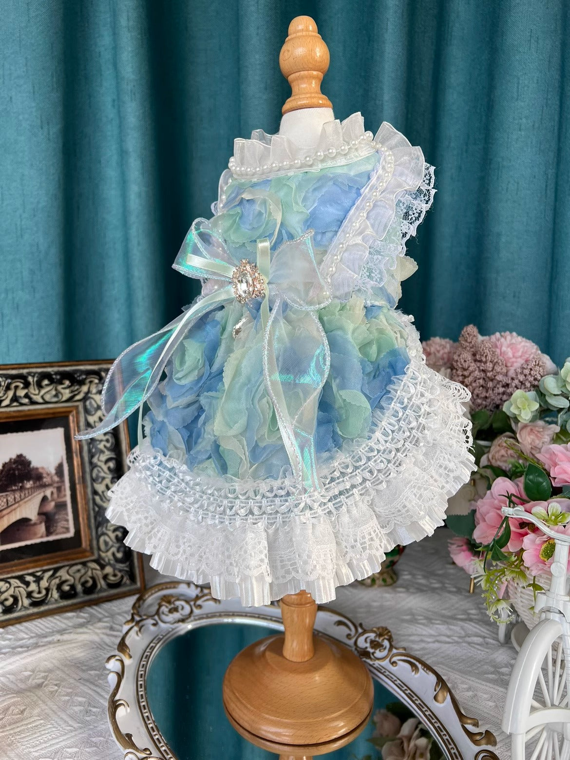 Sea Blue Ribbon Art Lolita Lacey Dress