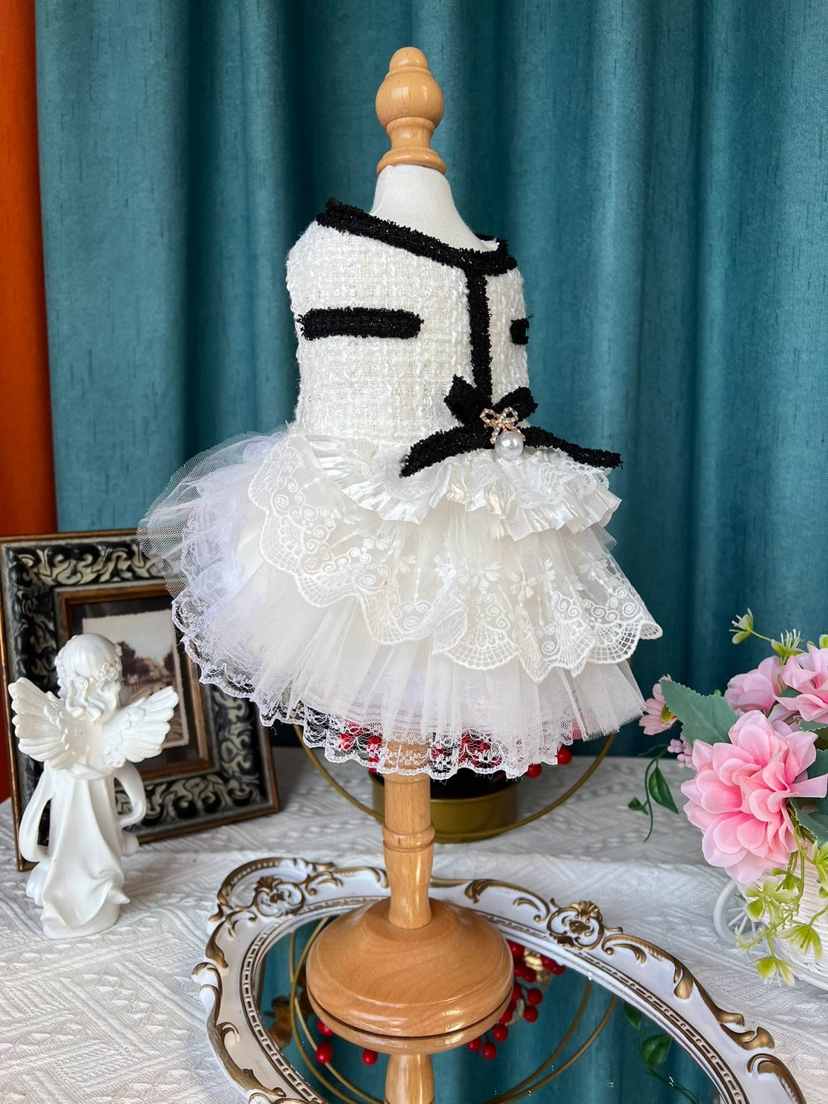 Elegant B/W Ribbon Lolita Tweed Dress