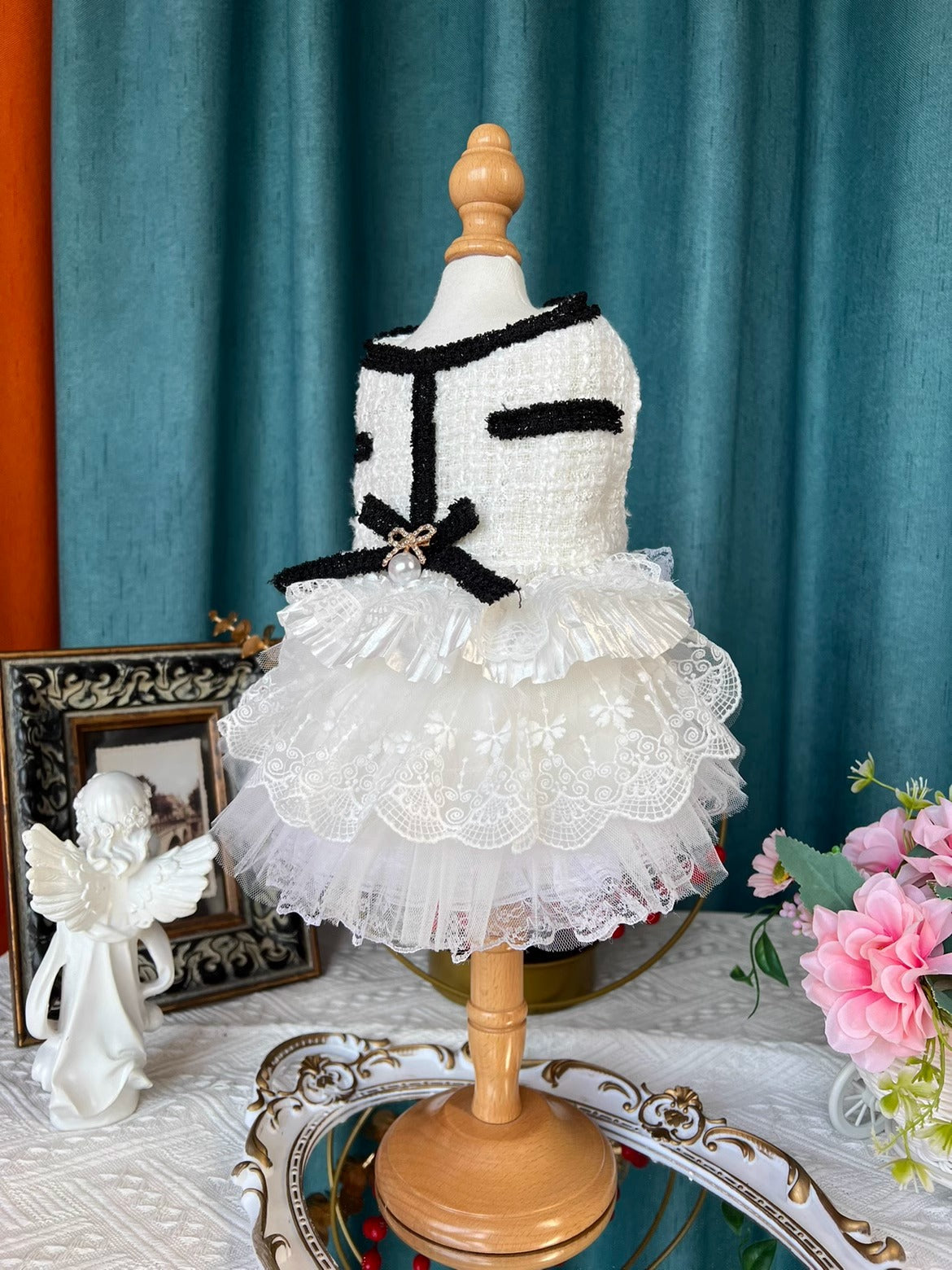 Elegant B/W Ribbon Lolita Tweed Dress