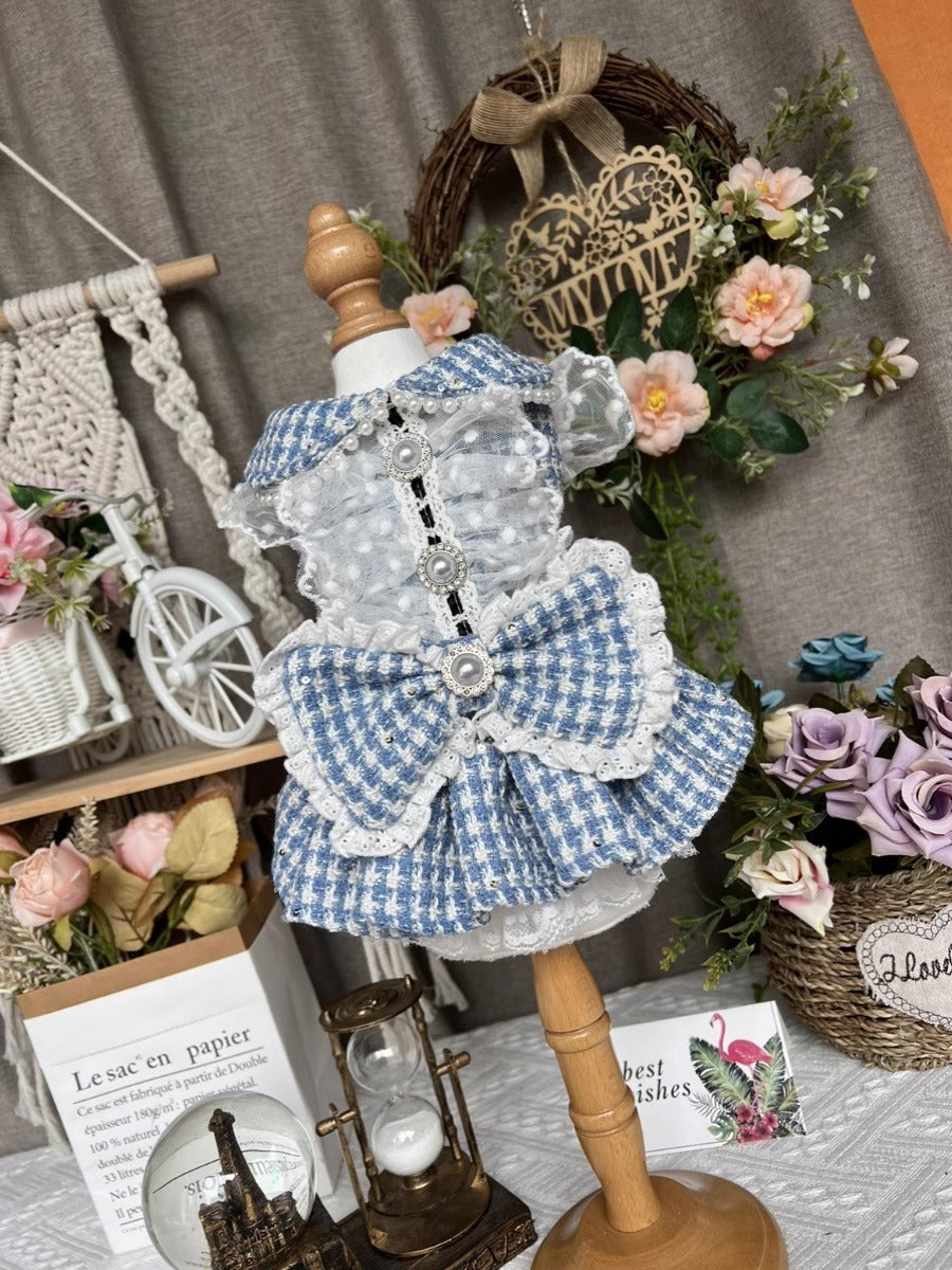 Premium Denim Blue Tweed Lacey Ribbon Pet Dress