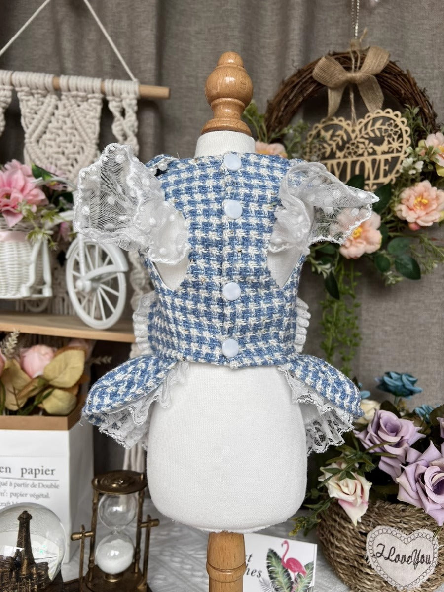 Premium Denim Blue Tweed Lacey Ribbon Pet Dress