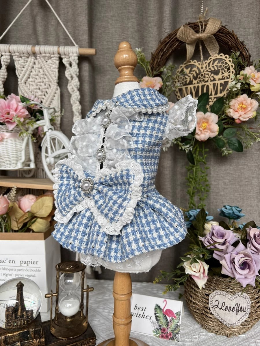 Premium Denim Blue Tweed Lacey Ribbon Pet Dress