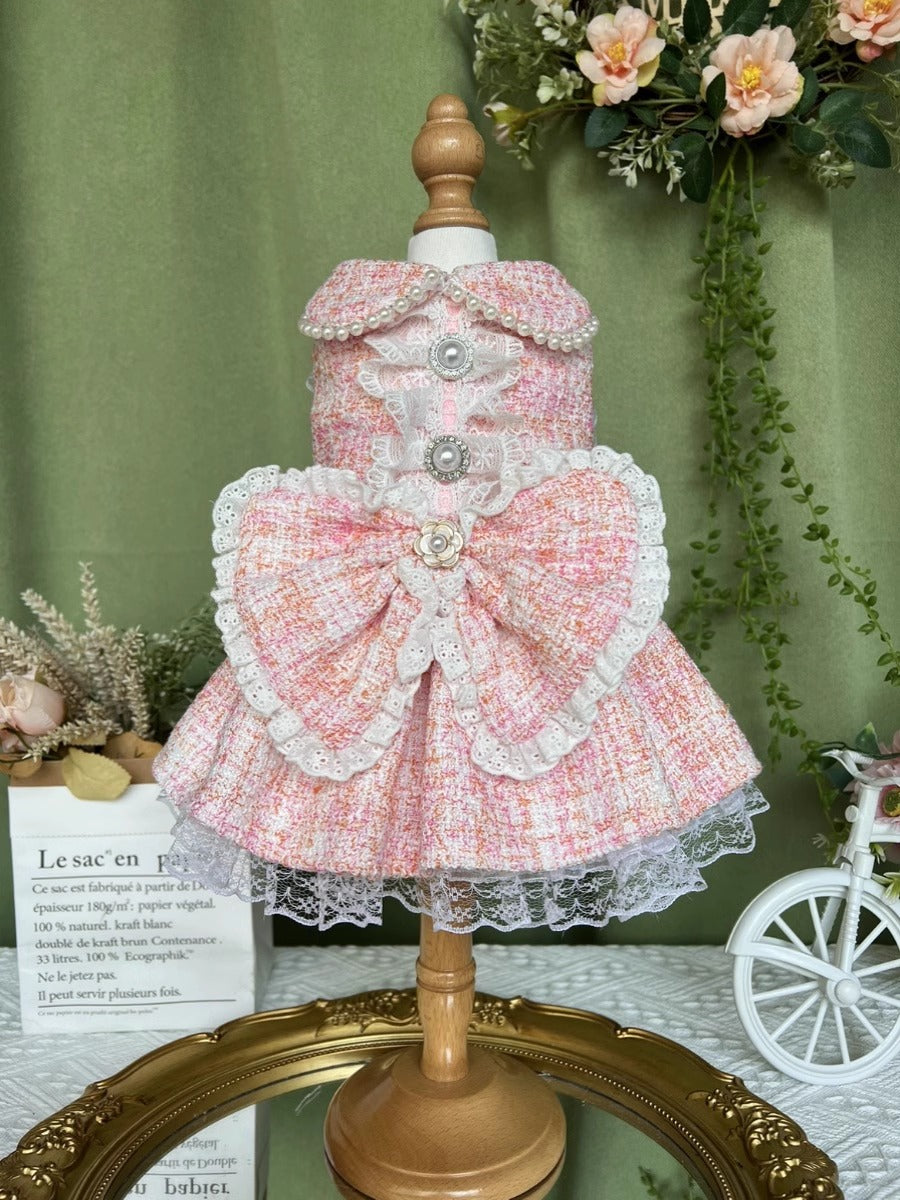 Premium Princess Pink Tweed Lacey Pearl Rose Layered Pet Dress