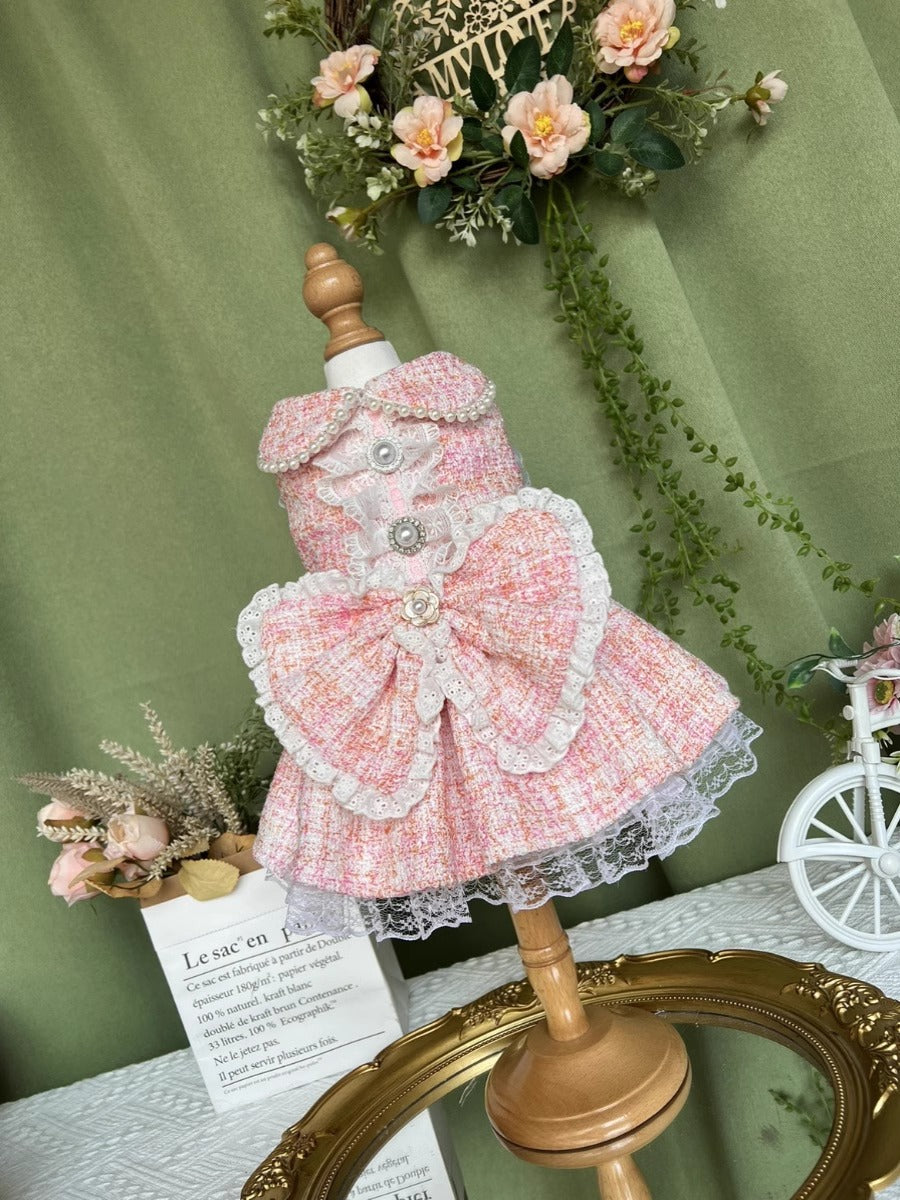 Premium Princess Pink Tweed Lacey Pearl Rose Layered Pet Dress