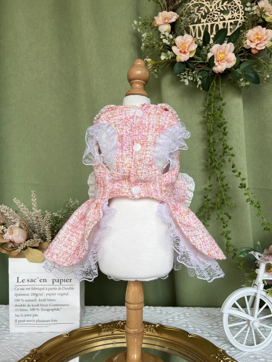 Premium Princess Pink Tweed Lacey Pearl Rose Layered Pet Dress