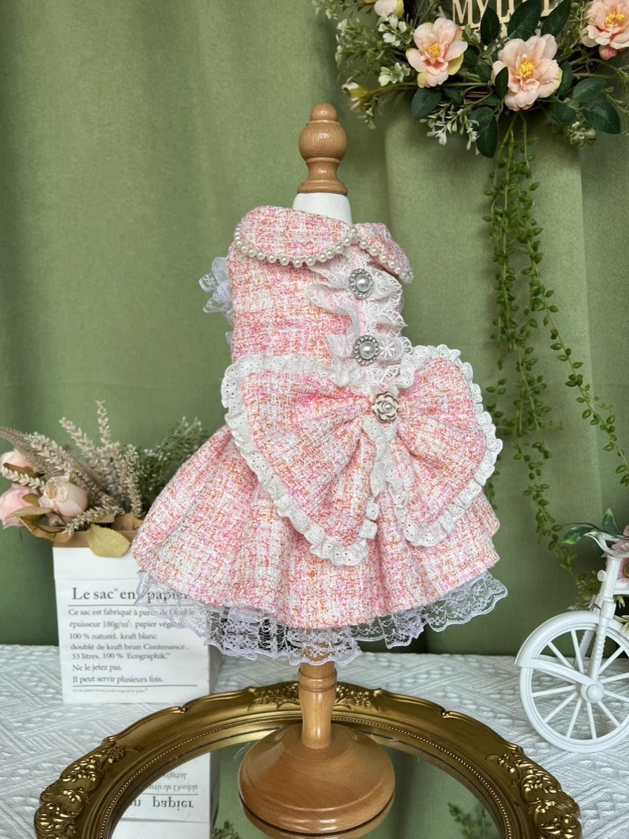 Premium Princess Pink Tweed Lacey Pearl Rose Layered Pet Dress