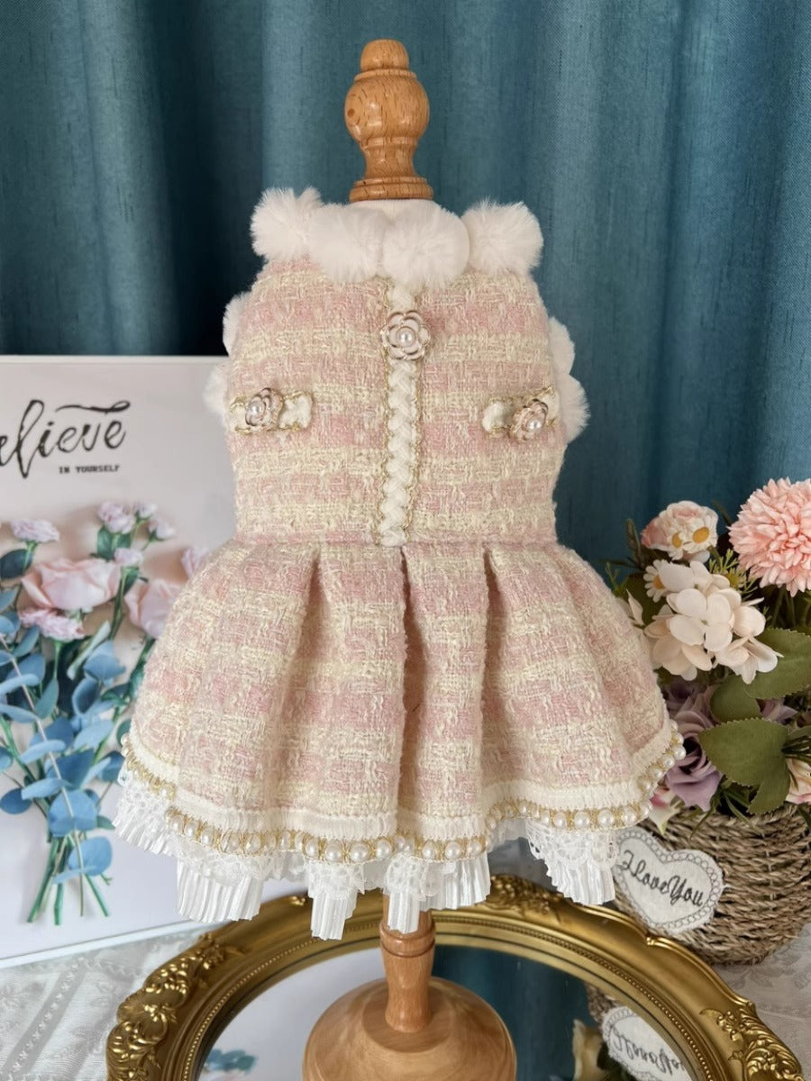 Premium Furry Princess Pink Tweed Lacey Pearl Rose Layered Pet Dress