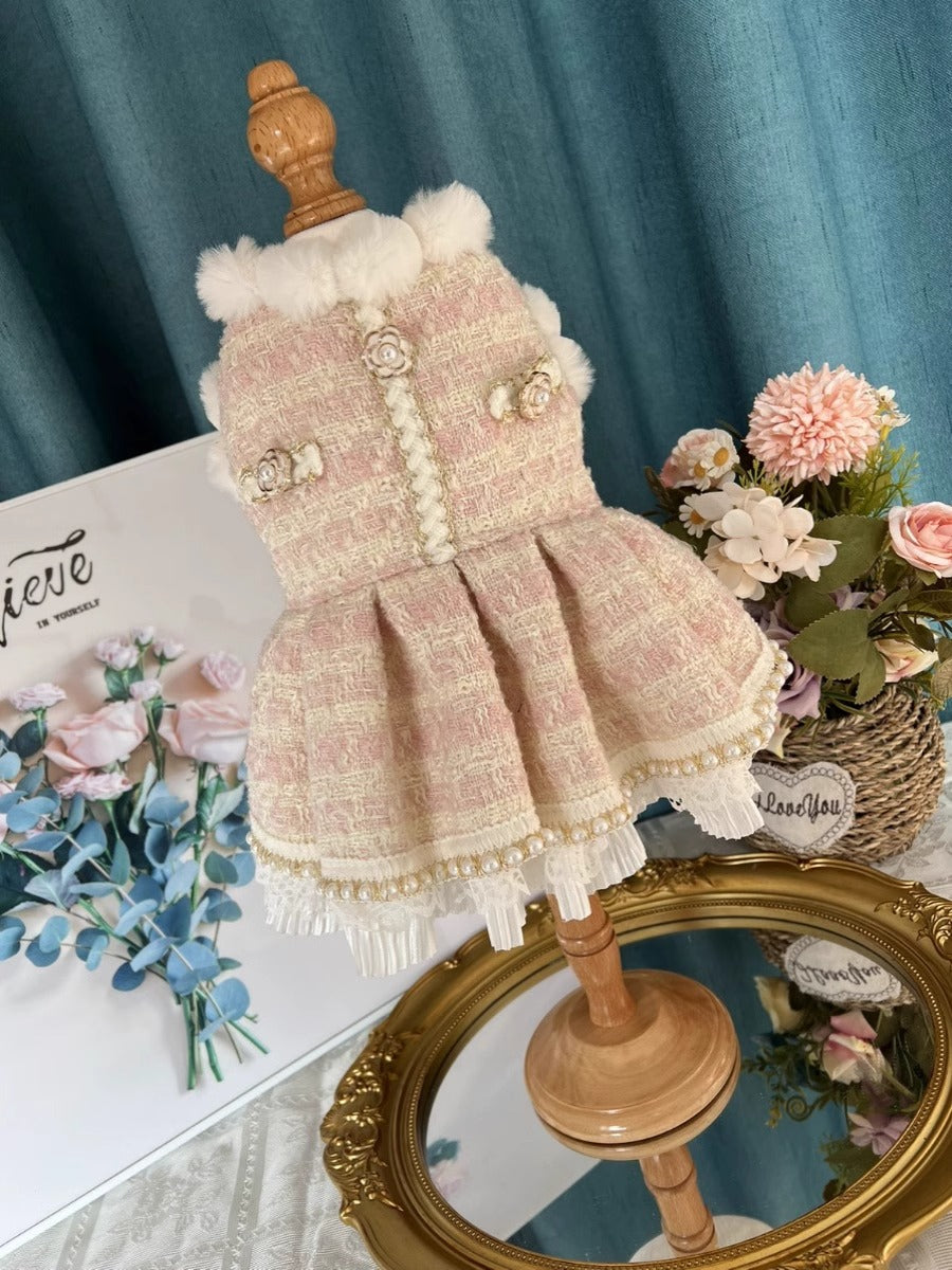 Premium Furry Princess Pink Tweed Lacey Pearl Rose Layered Pet Dress