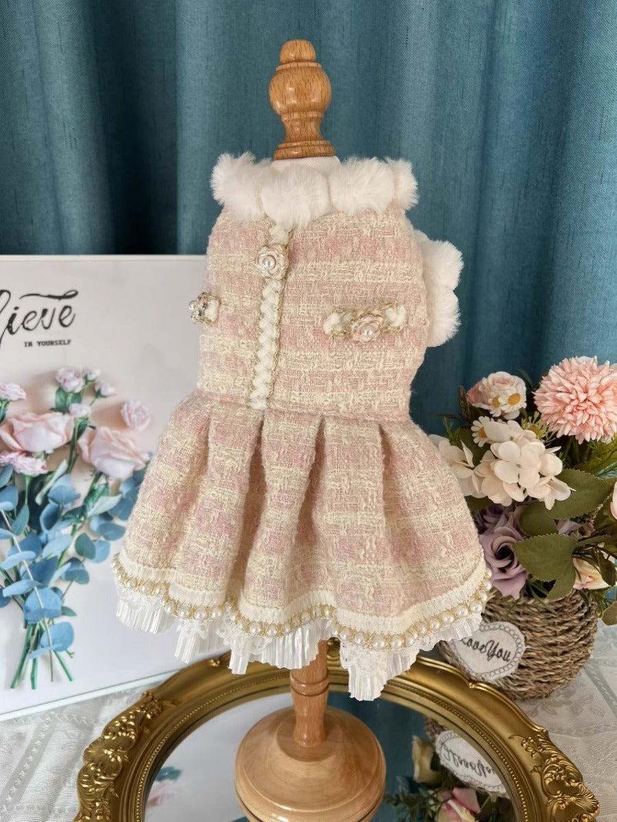 Premium Furry Princess Pink Tweed Lacey Pearl Rose Layered Pet Dress