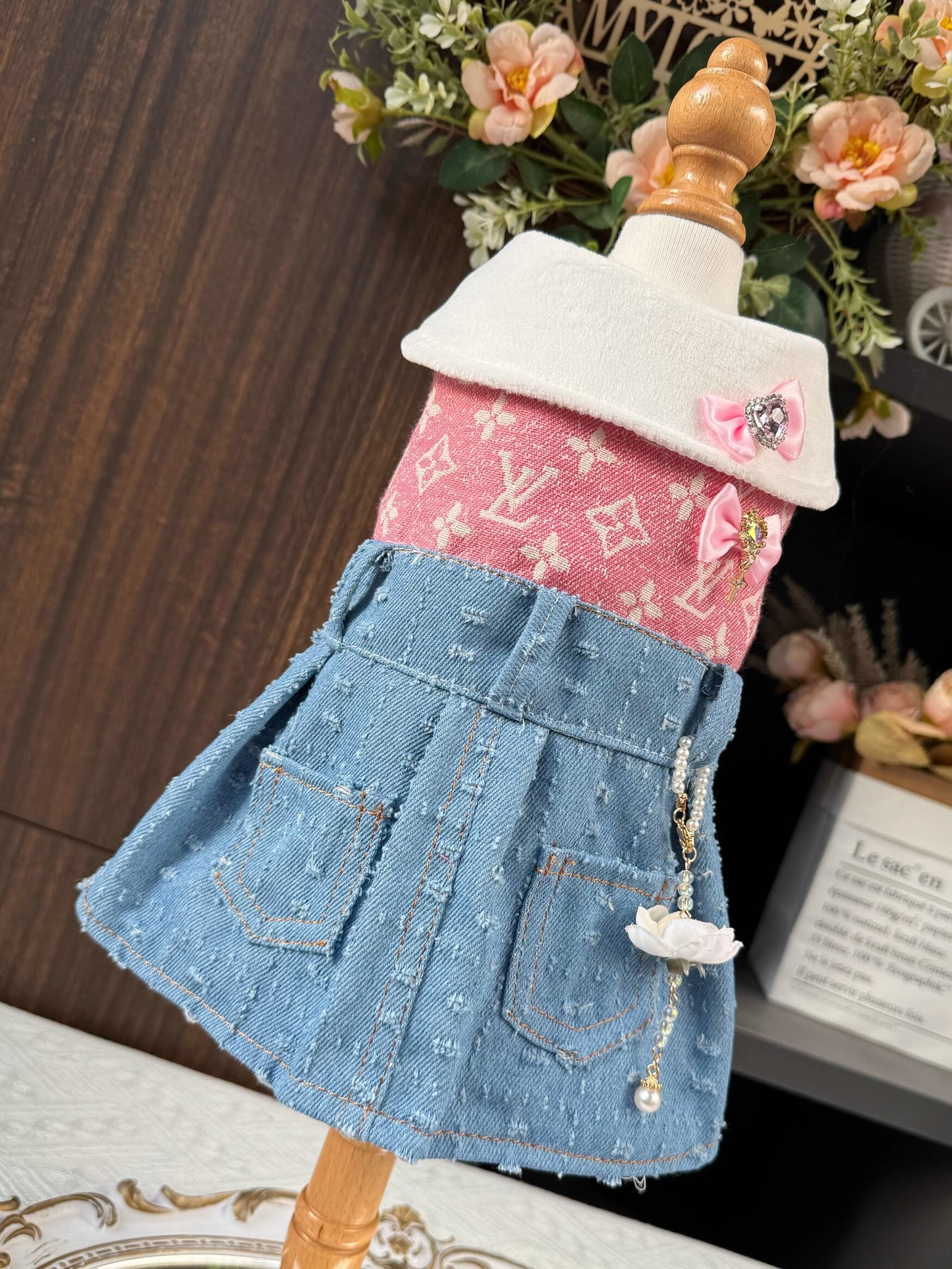 Premium Pink Denim Pocket Tweed Pet Dress