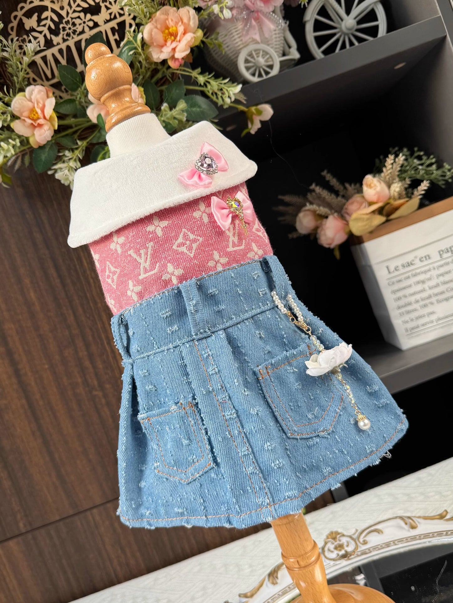 Premium Pink Denim Pocket Tweed Pet Dress