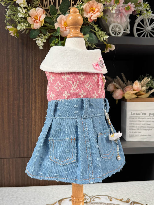 Premium Pink Denim Pocket Tweed Pet Dress