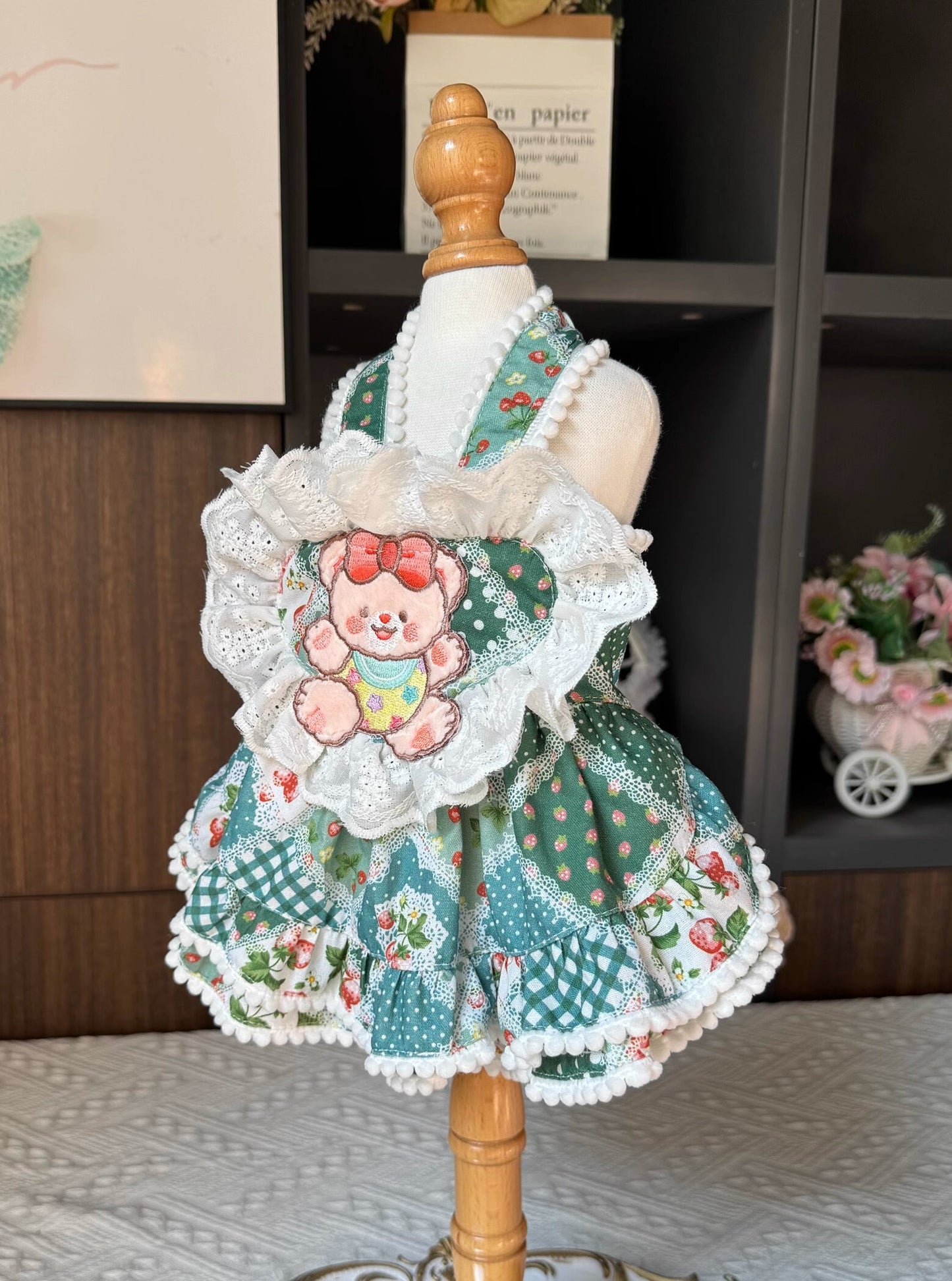 Premium Summer Dark Green Bear Strawberries Layered Lolita Dress