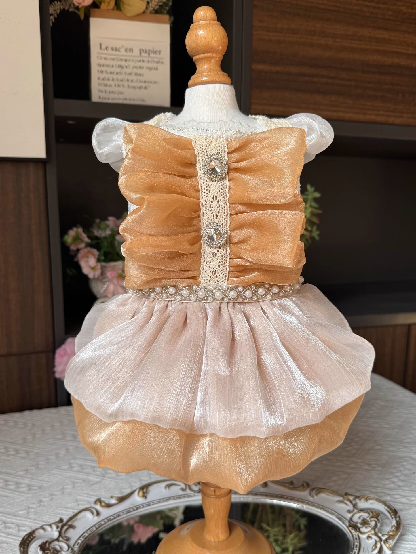 Premium Glossy Orange Pearl Layered Princess Lolita Dinner/Party Pet Dress