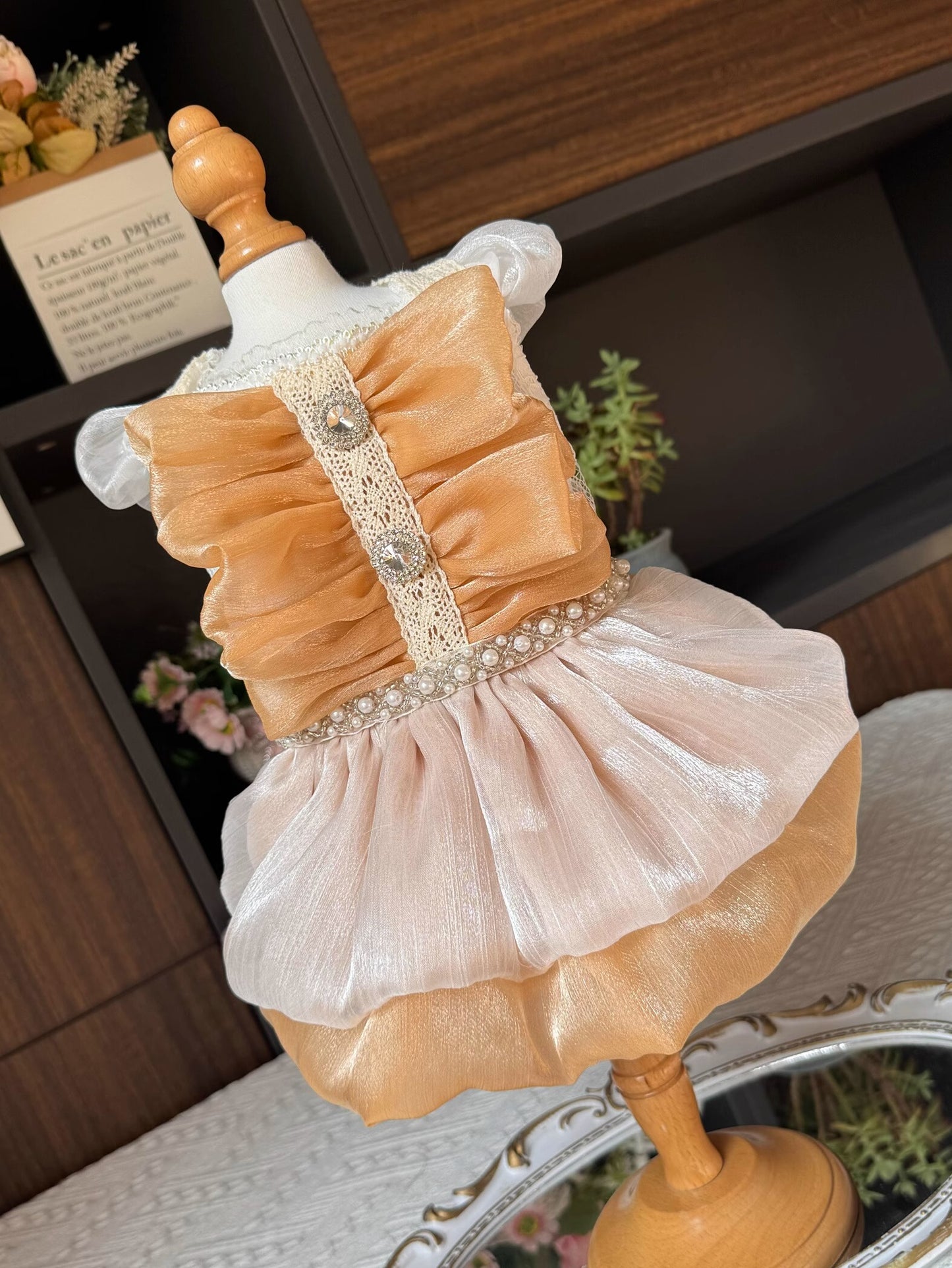 Premium Glossy Orange Pearl Layered Princess Lolita Dinner/Party Pet Dress