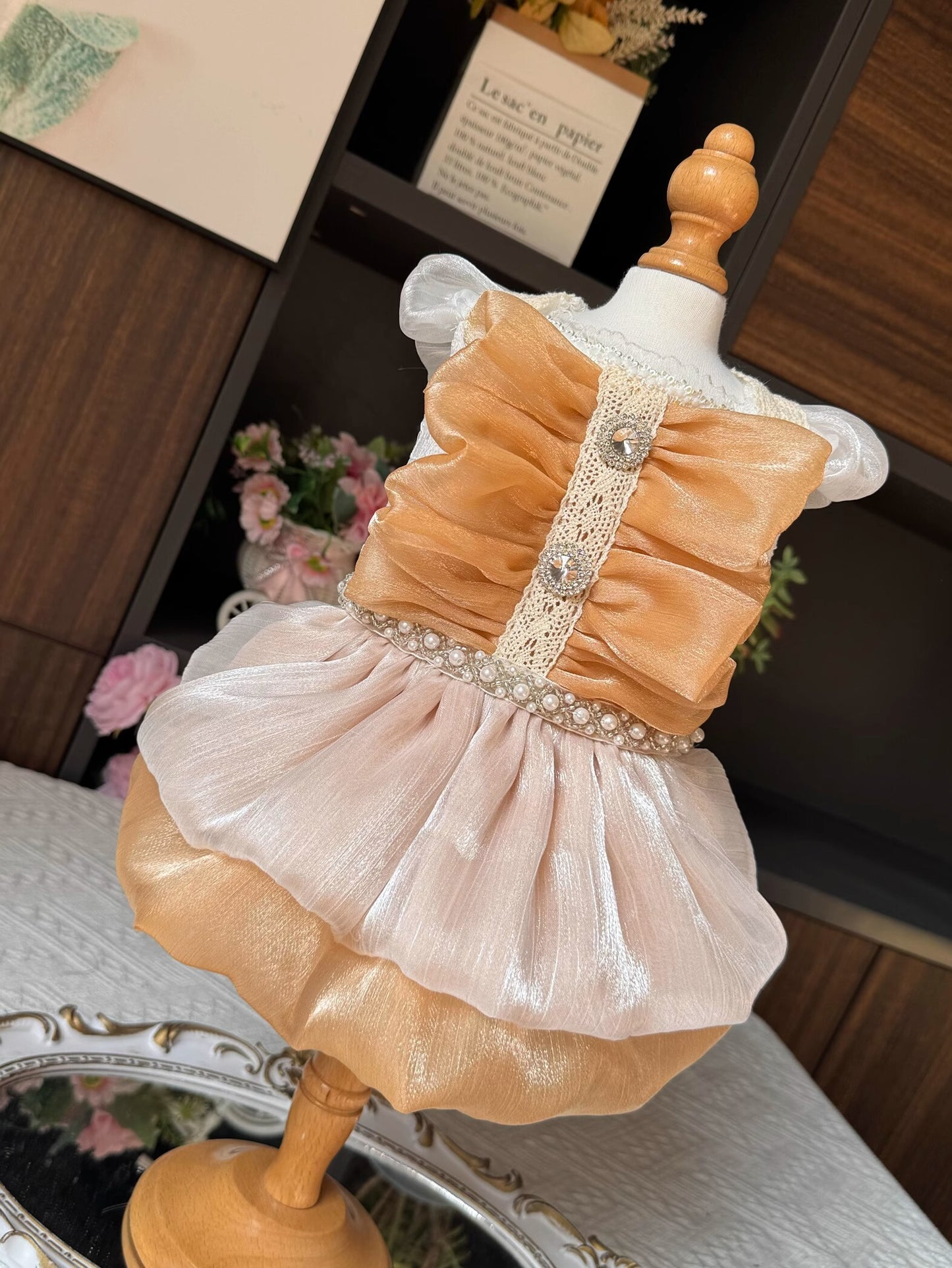 Premium Glossy Orange Pearl Layered Princess Lolita Dinner/Party Pet Dress