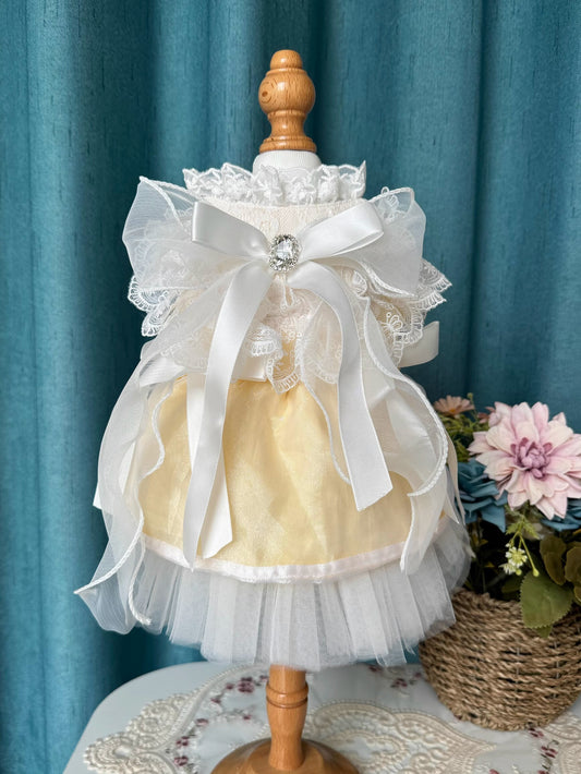 Premium Glossy Milky Yellow Layered Princess Lolita Dinner/Party Pet Dress