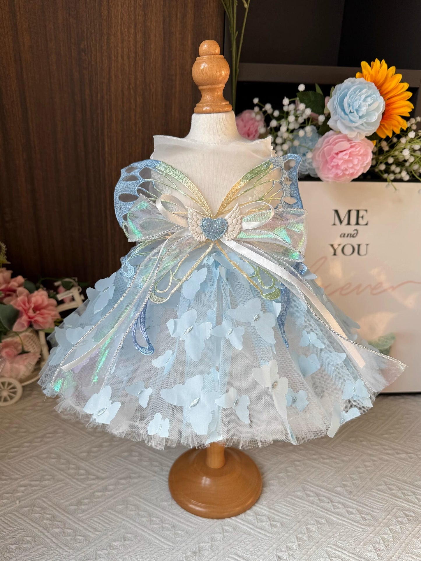 Premium Shining Sky Blue Butterfly Layered Princess Lolita Dinner/Party Pet Dress