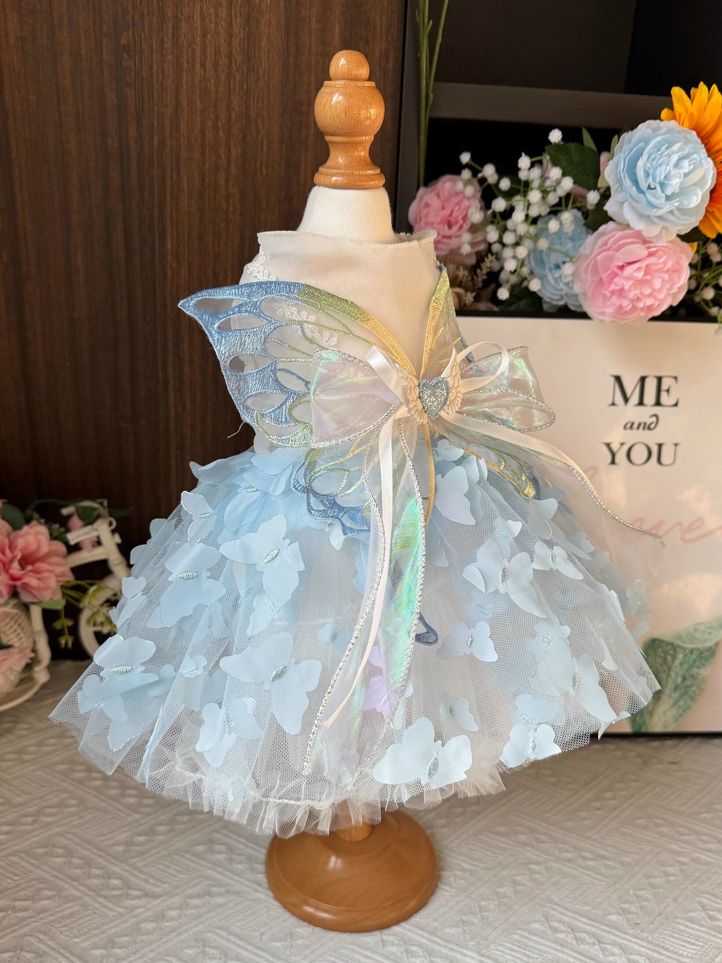 Premium Shining Sky Blue Butterfly Layered Princess Lolita Dinner/Party Pet Dress