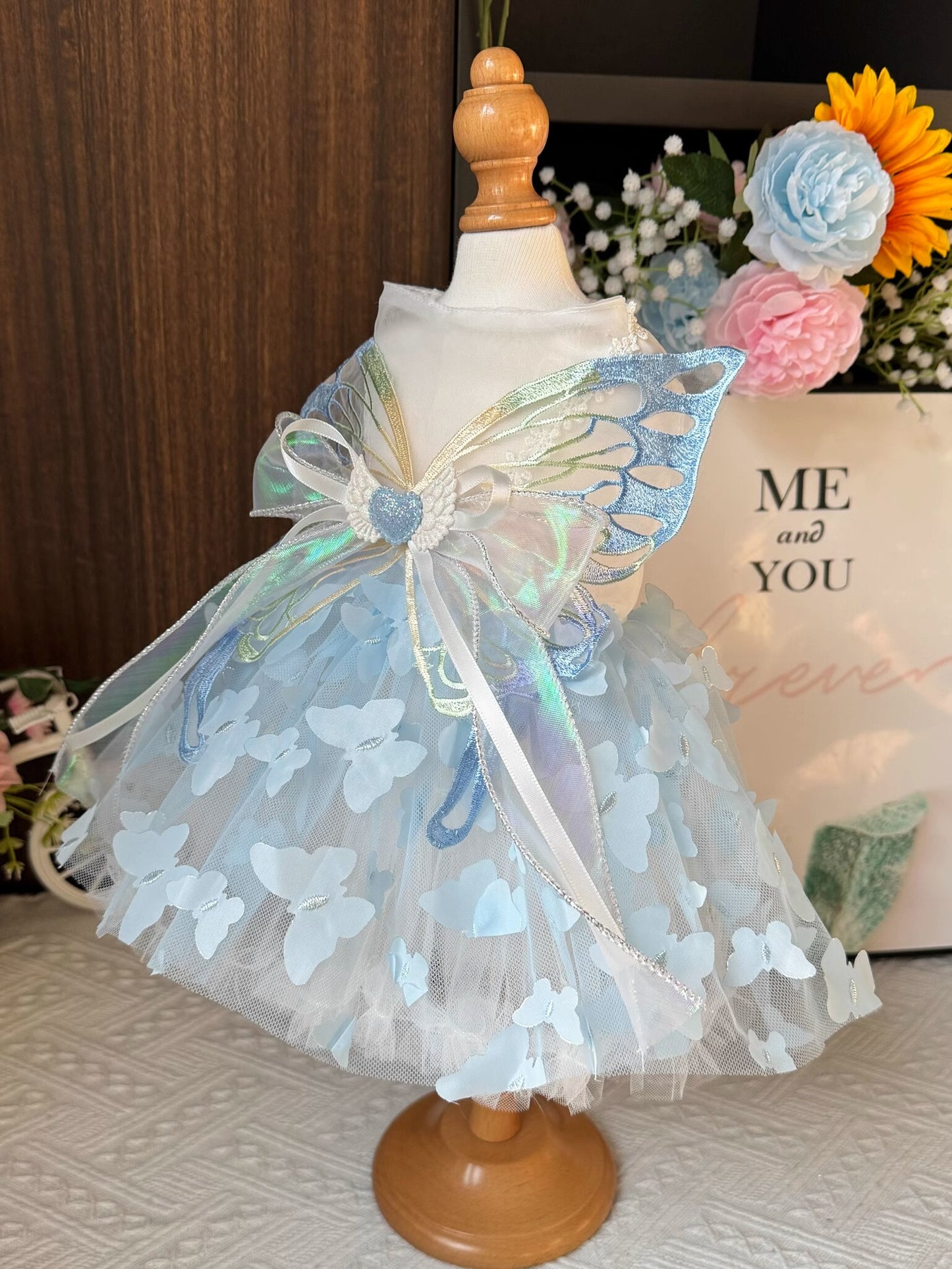 Premium Shining Sky Blue Butterfly Layered Princess Lolita Dinner/Party Pet Dress