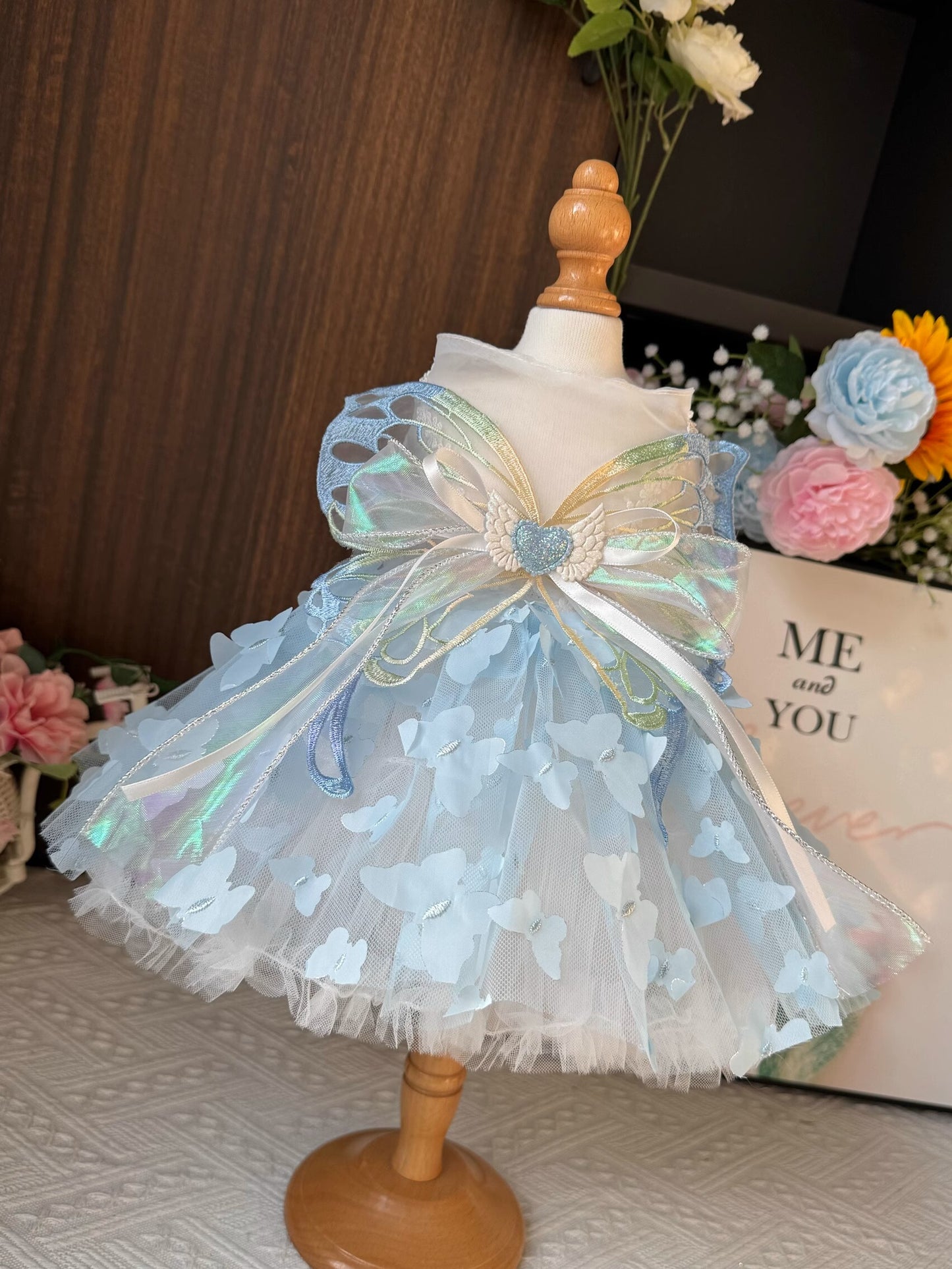 Premium Shining Sky Blue Butterfly Layered Princess Lolita Dinner/Party Pet Dress