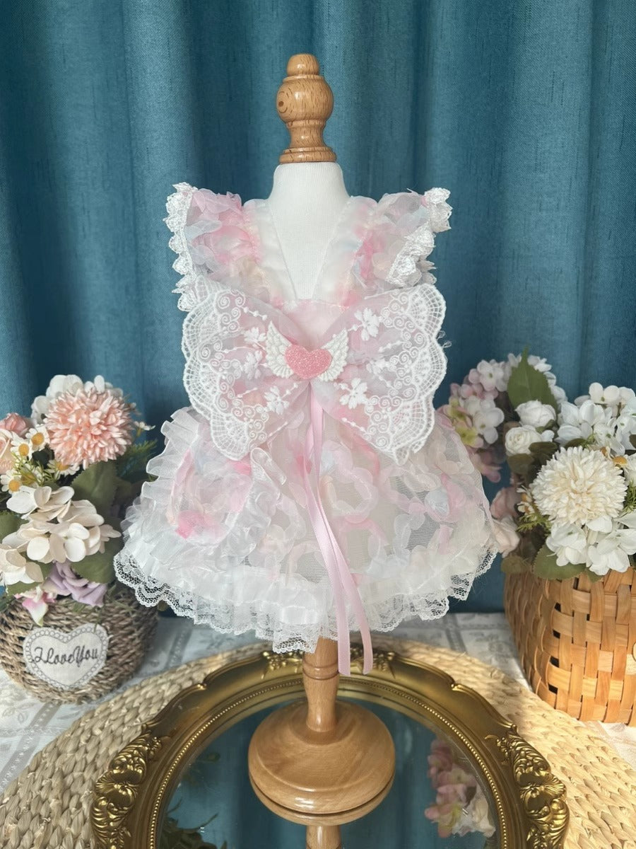 Premium Sweet Flora Pink Butterfly Designed Layered Princess Lolita Dinner Pet Dress