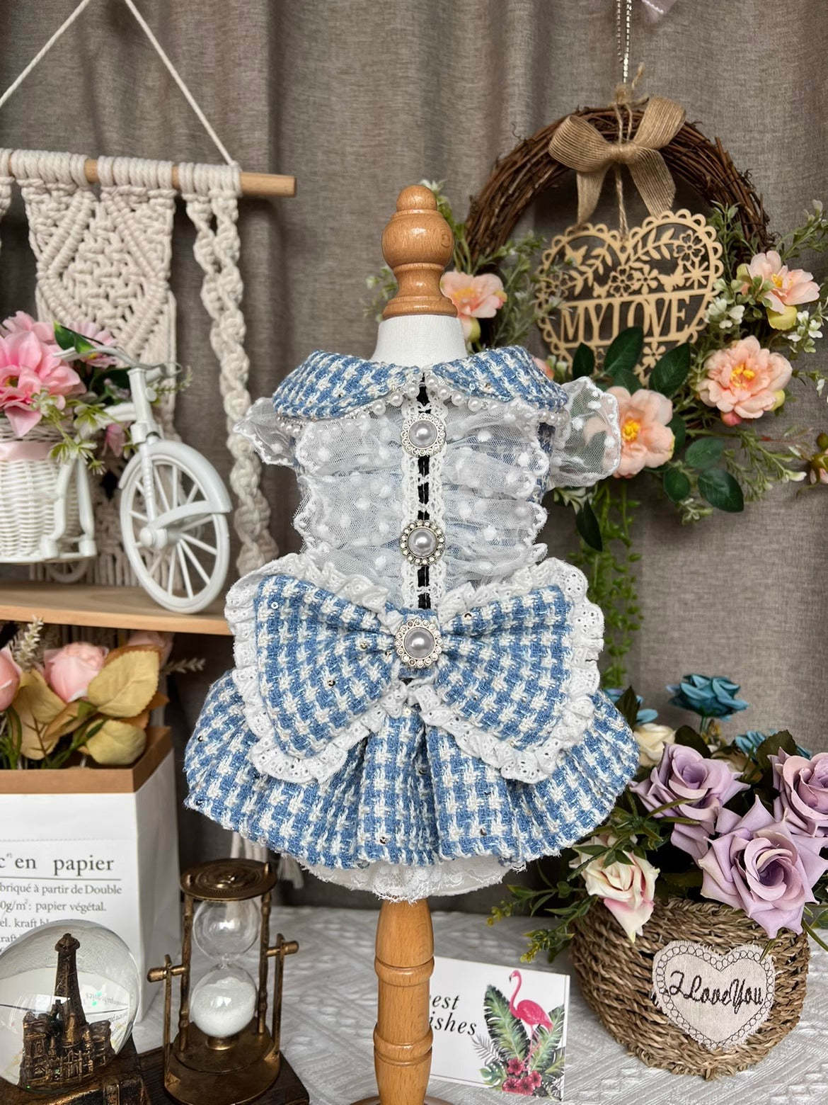 Premium Denim Blue Tweed Lacey Ribbon Pet Dress