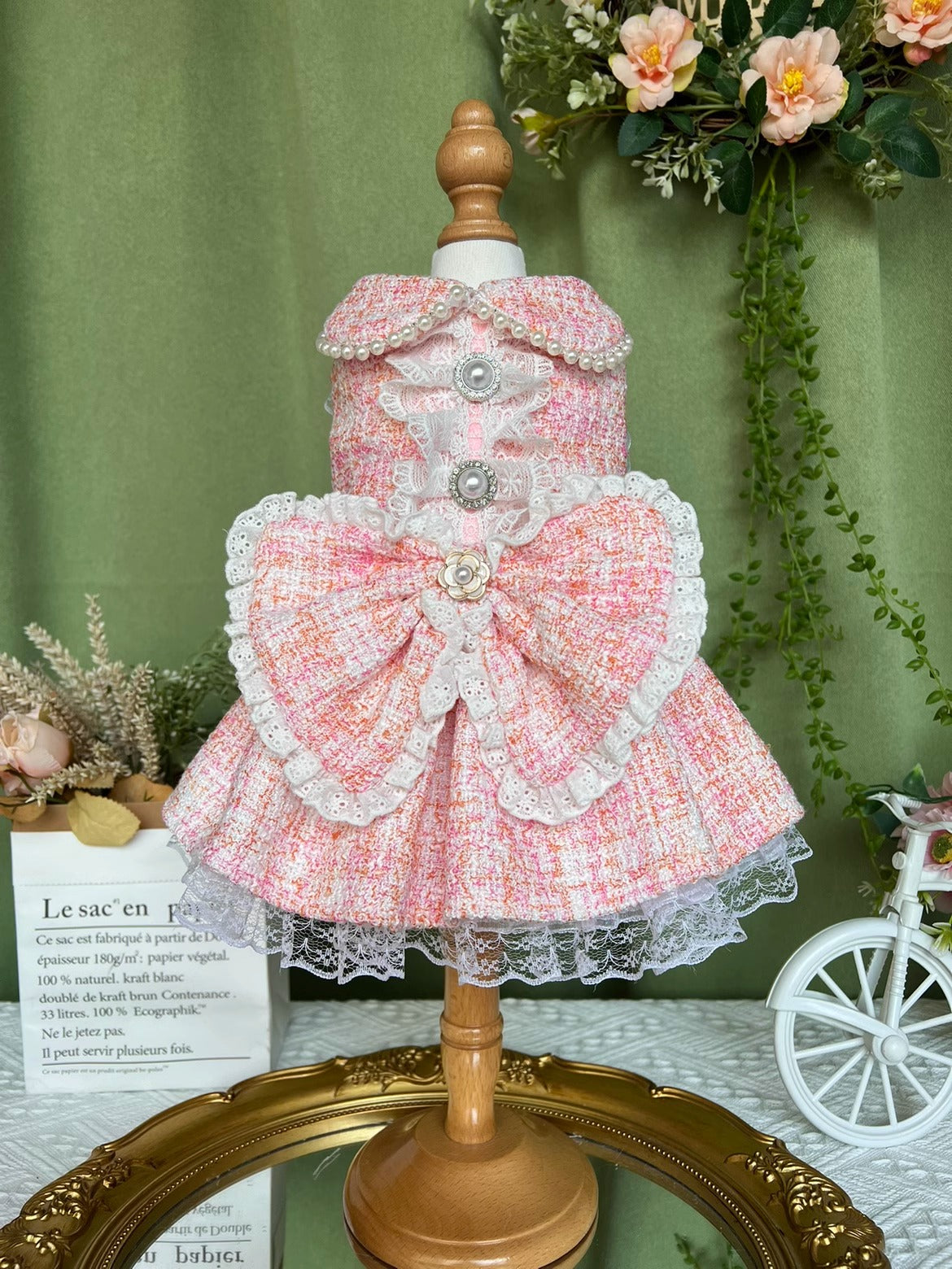 Premium Princess Pink Tweed Lacey Pearl Rose Layered Pet Dress