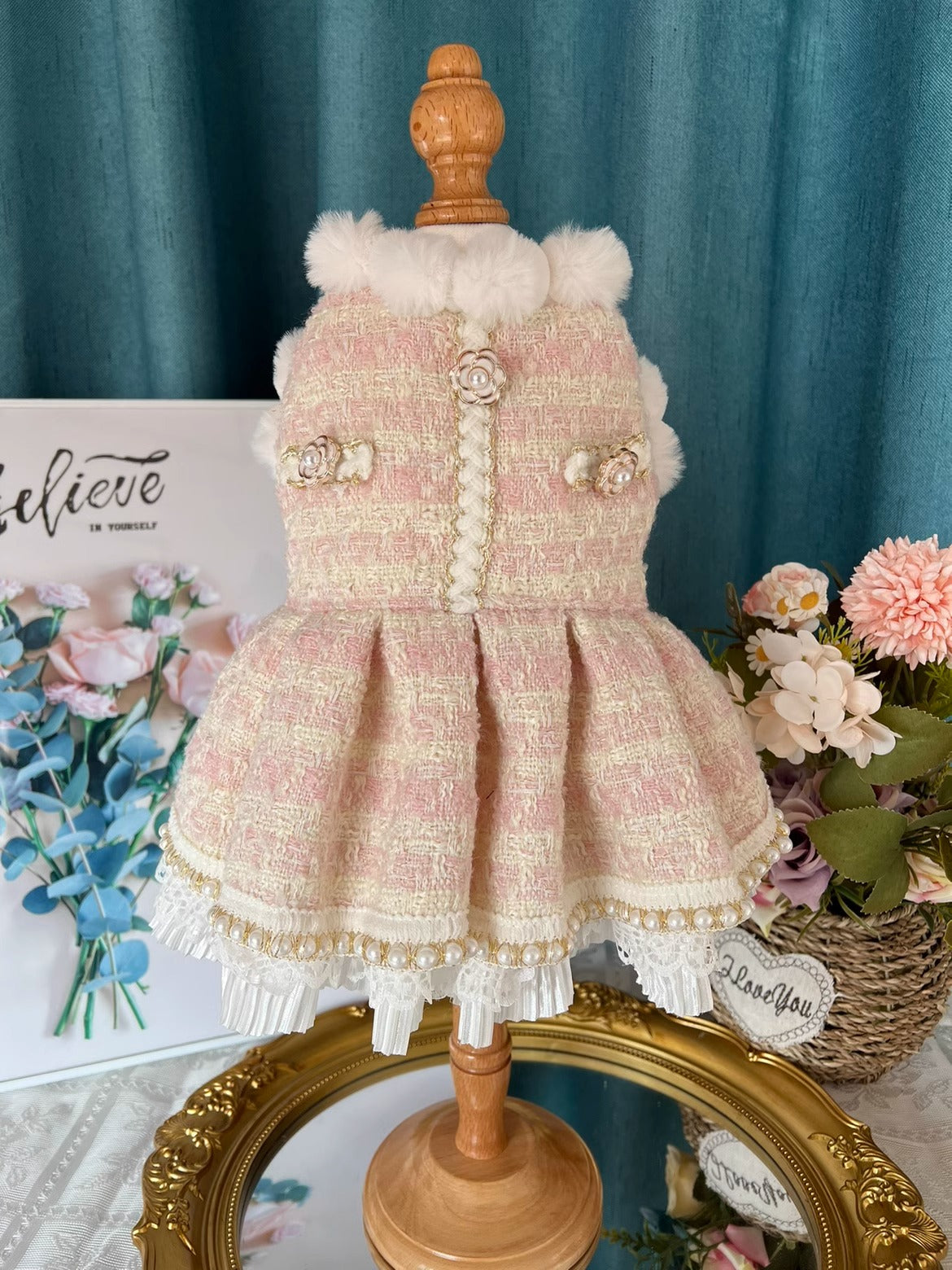 Premium Furry Princess Pink Tweed Lacey Pearl Rose Layered Pet Dress